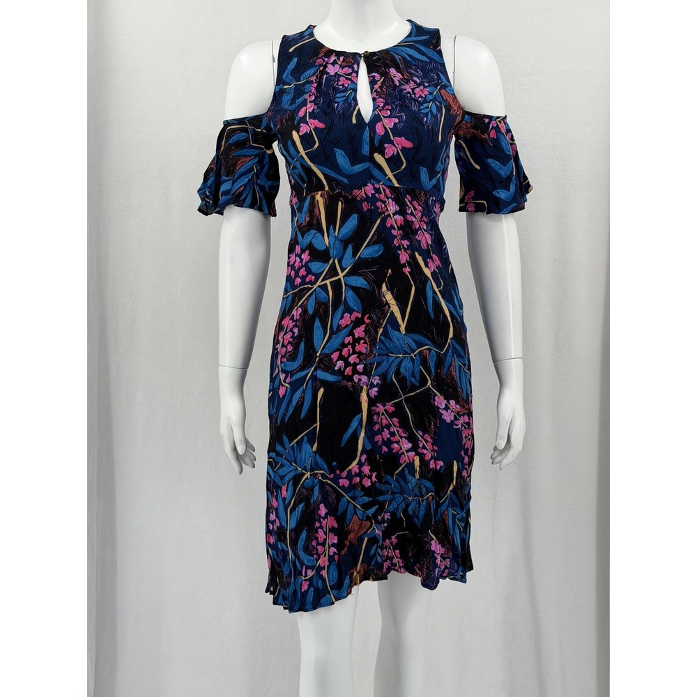 Maeve Anthropologie Dress Womens 2 Blue Floral Elia Flutter Cold Shoulder Boho